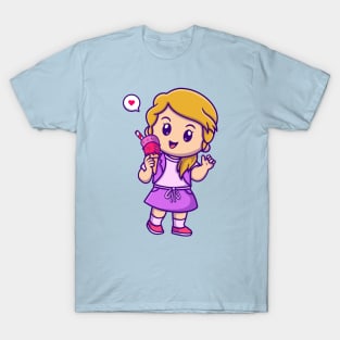 Cute Girl Holding Ice Cream Cartoon T-Shirt